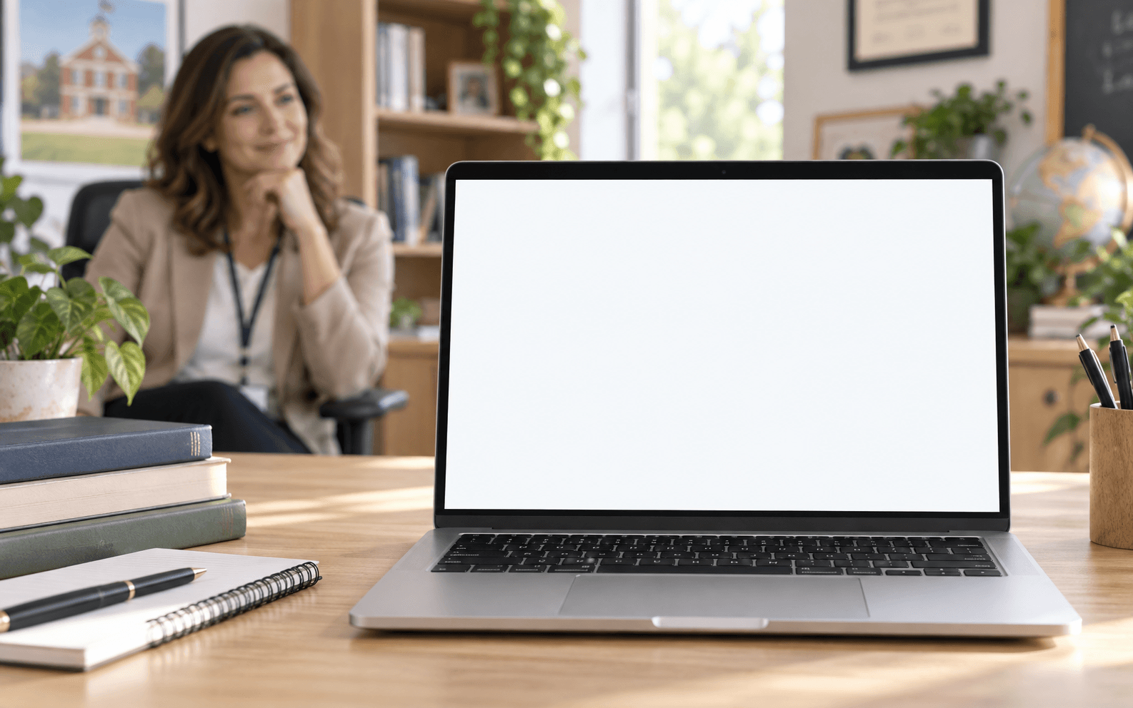 School administrator working at an EduWindow office desk